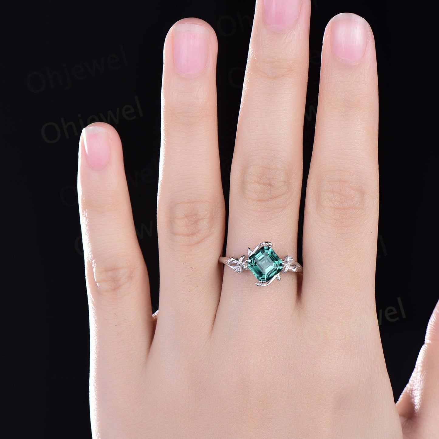 Twig Asscher cut teal green sapphire engagement ring 14k rose gold leaf branch three stone diamond ring unique promise wedding ring women