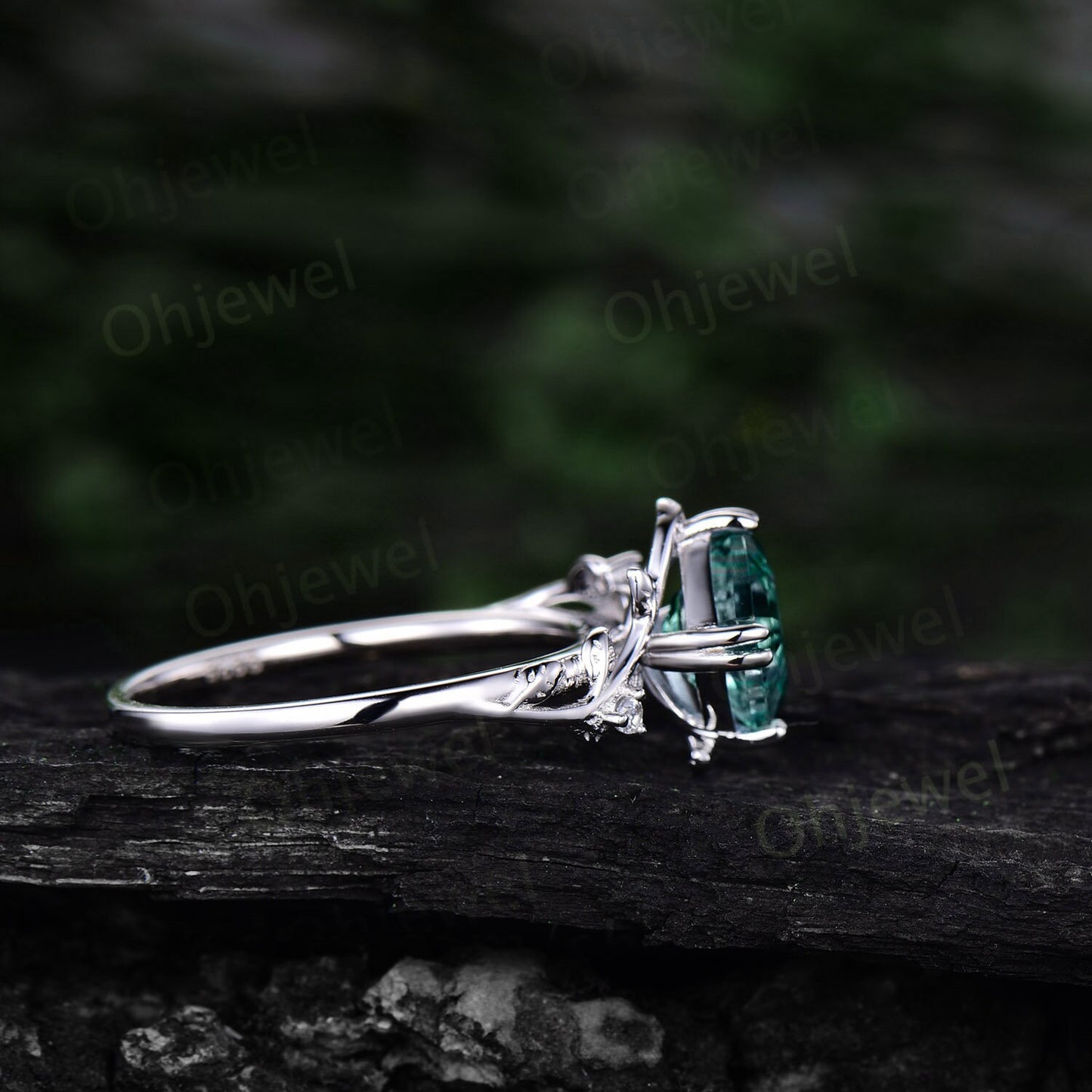 Twig Asscher cut teal green sapphire engagement ring 14k rose gold leaf branch three stone diamond ring unique promise wedding ring women
