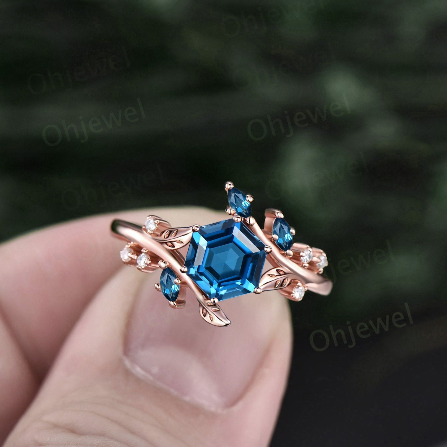 Hexagon cut London blue topaz engagement ring rose gold Nature inspired leaf twig diamond ring women cluster alexandrite ring silver gift