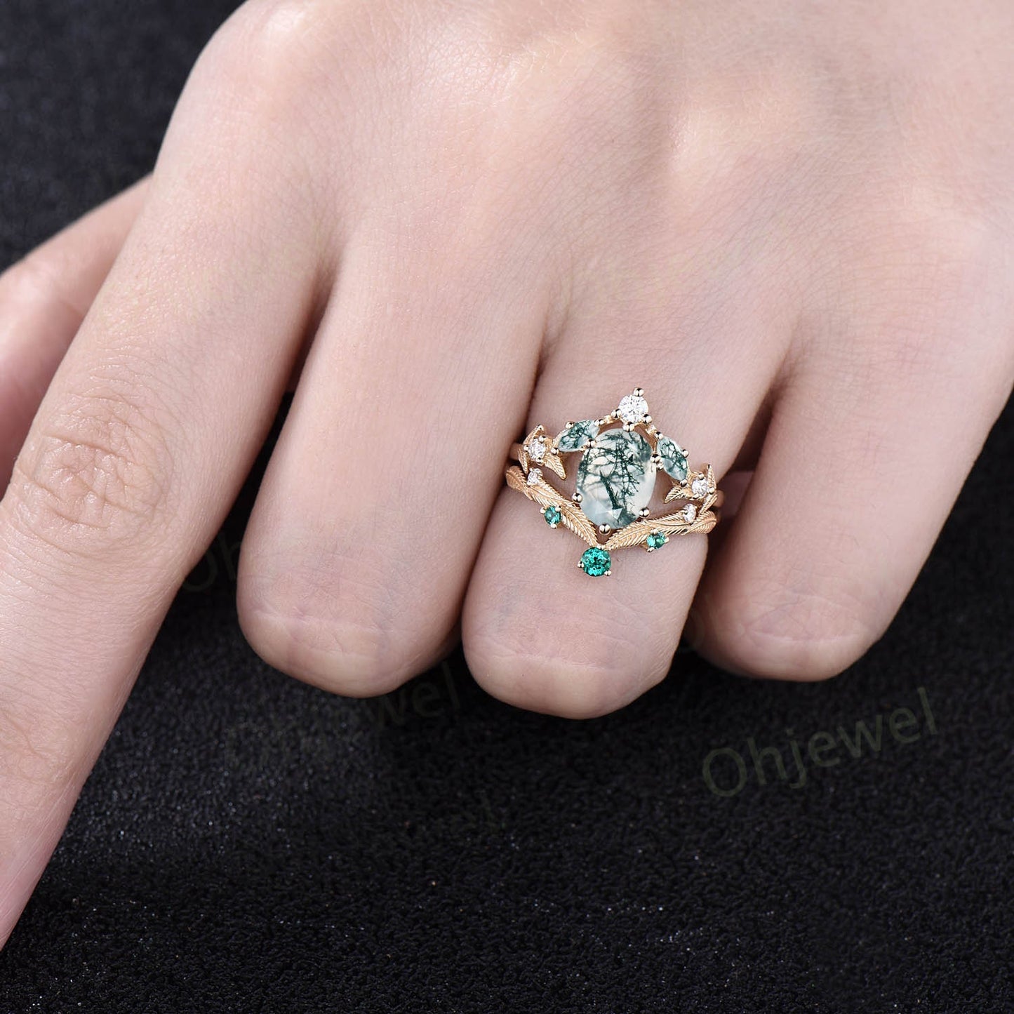 Vintage oval green moss agate engagement ring set rose gold marquise cut ring branch leaf diamond bridal anniversary ring set women gift