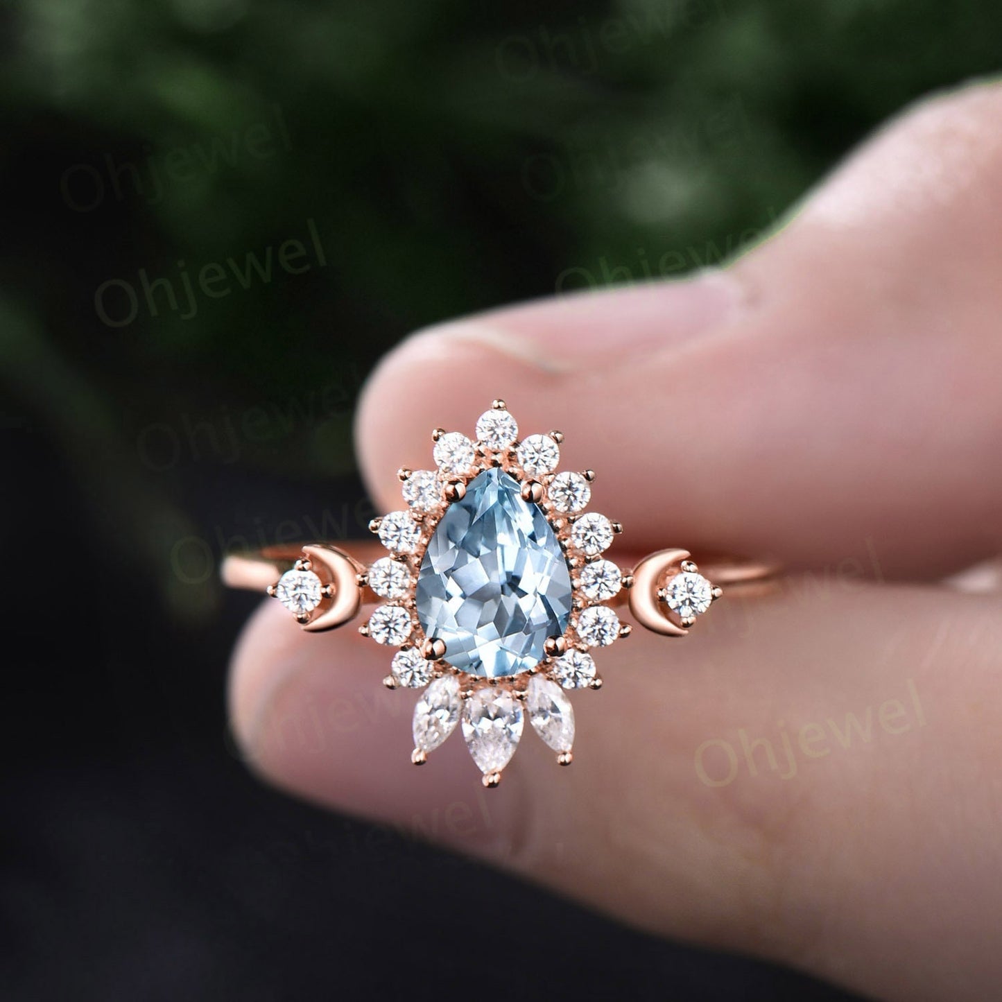 Dainty pear shaped Aquamarine ring unique engagement ring art deco rose gold vintage style ring halo moissanite anniversary ring women gift