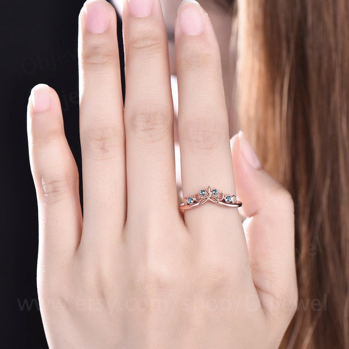 Unique Alexandrite wedding band solid 14k rose gold vintage dainty leaf wedding ring band women Celtic Knot Norse Viking ring Jewelry gift