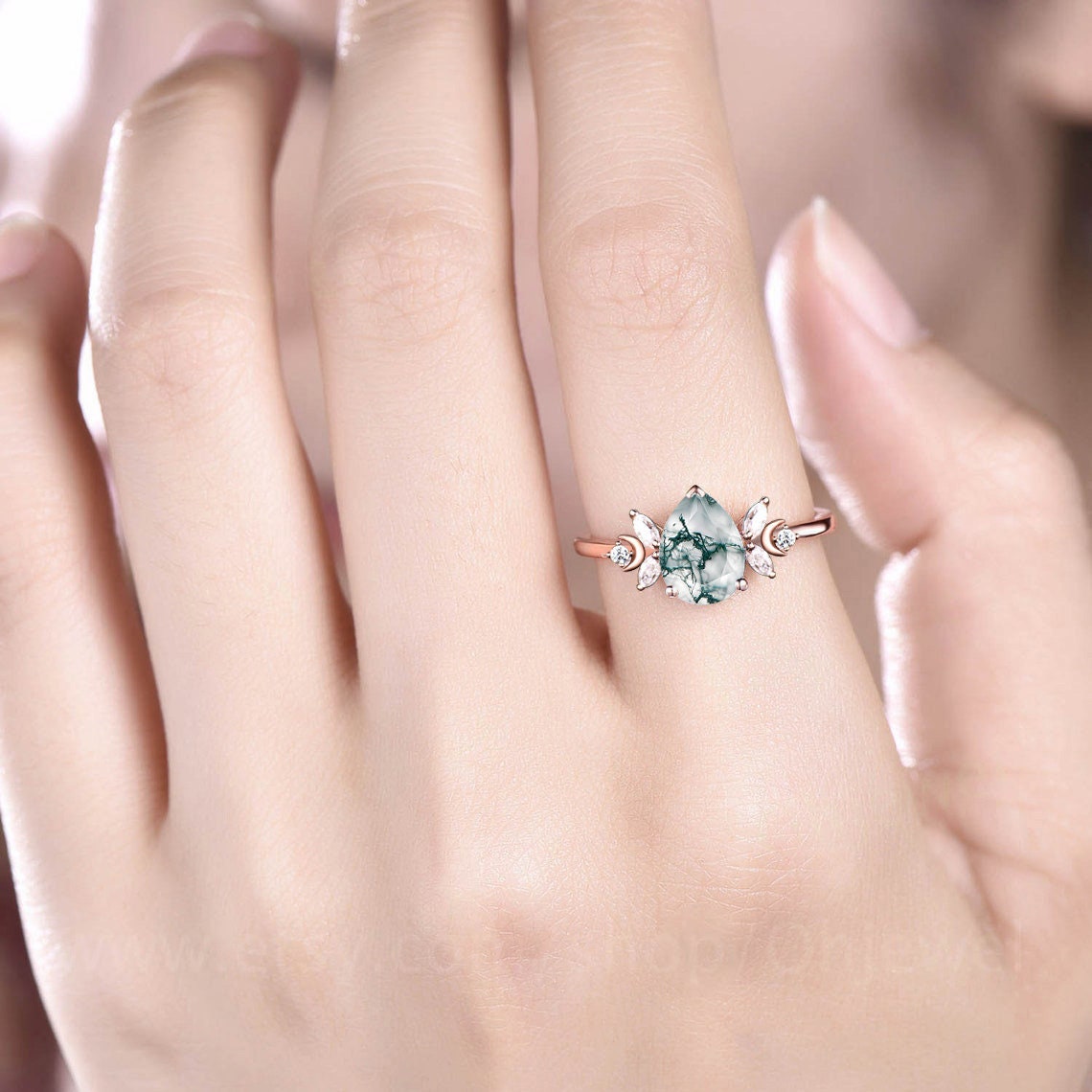 Unique pear shaped green moss agate engagement ring rose gold moon ring vintage art deco ememrald ring women moissnaite wedding ring gift