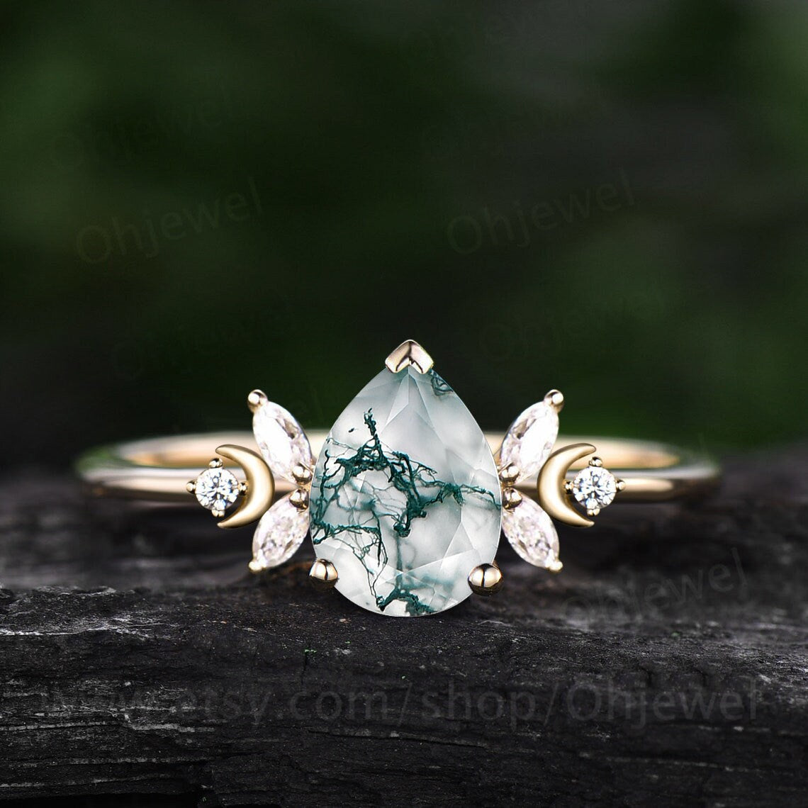 Unique pear shaped green moss agate engagement ring rose gold moon ring vintage art deco ememrald ring women moissnaite wedding ring gift