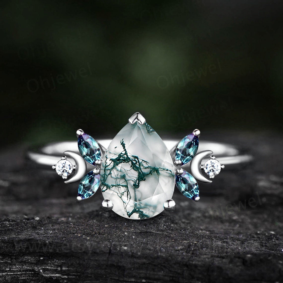 Unique pear shaped green moss agate engagement ring rose gold moon ring vintage art deco ememrald ring women moissnaite wedding ring gift