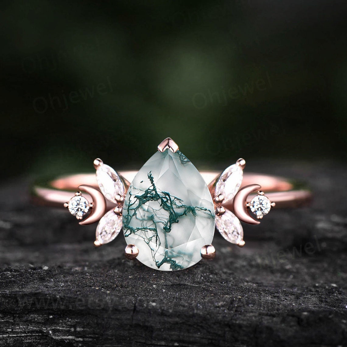 Unique pear shaped green moss agate engagement ring rose gold moon ring vintage art deco ememrald ring women moissnaite wedding ring gift