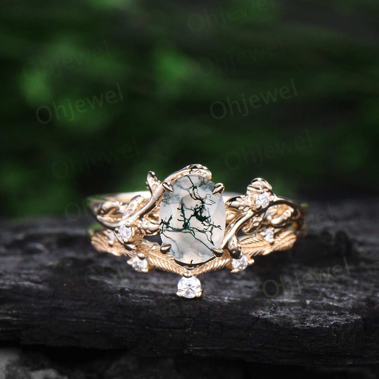 Twig oval cut green moss agate ring unique engagement ring set women leaf nature inspired rose gold ring branch diamond bridal ring set gift