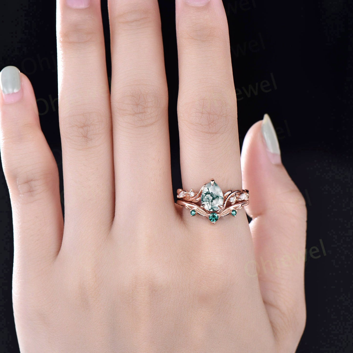 Twig pear shaped moss agate engagement ring five stone vintage branch leaf wedding ring set rose gold nature inspired emerald ring for women