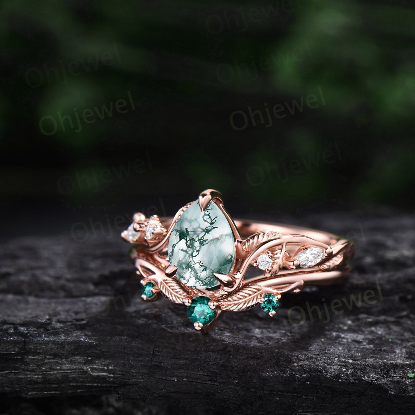 Twig pear shaped moss agate engagement ring five stone vintage branch leaf wedding ring set rose gold nature inspired emerald ring for women