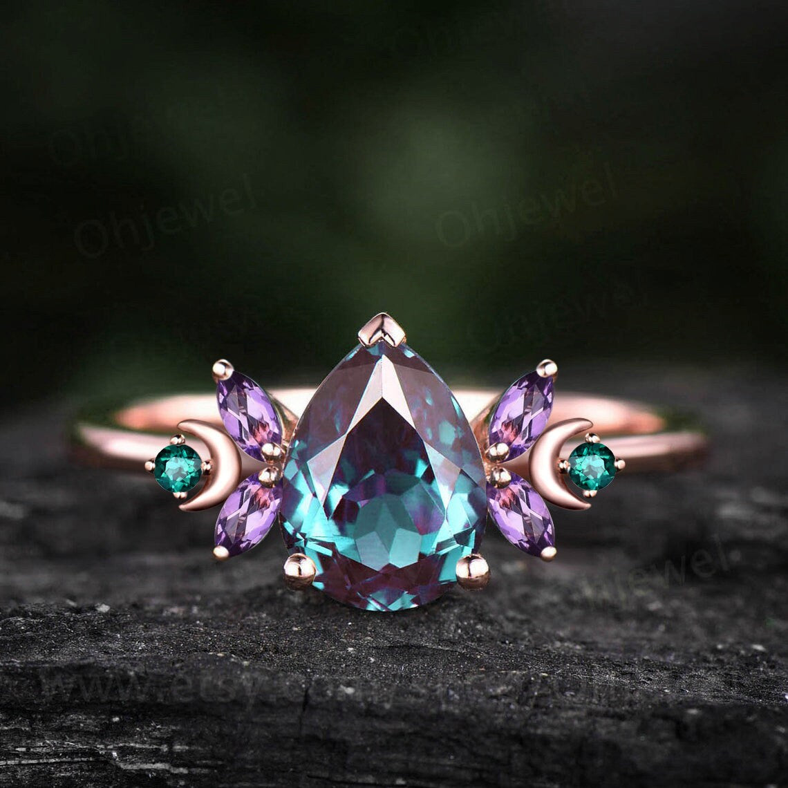 Unique pear shaped alexandrite engagement ring rose gold moon ring vintage art deco amethyst ring women moissnaite promise wedding ring gift