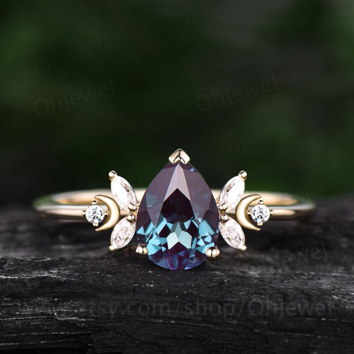 Unique pear shaped alexandrite engagement ring rose gold moon ring vintage art deco amethyst ring women moissnaite promise wedding ring gift