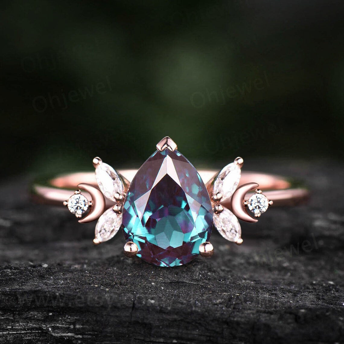 Unique pear shaped alexandrite engagement ring rose gold moon ring vintage art deco amethyst ring women moissnaite promise wedding ring gift