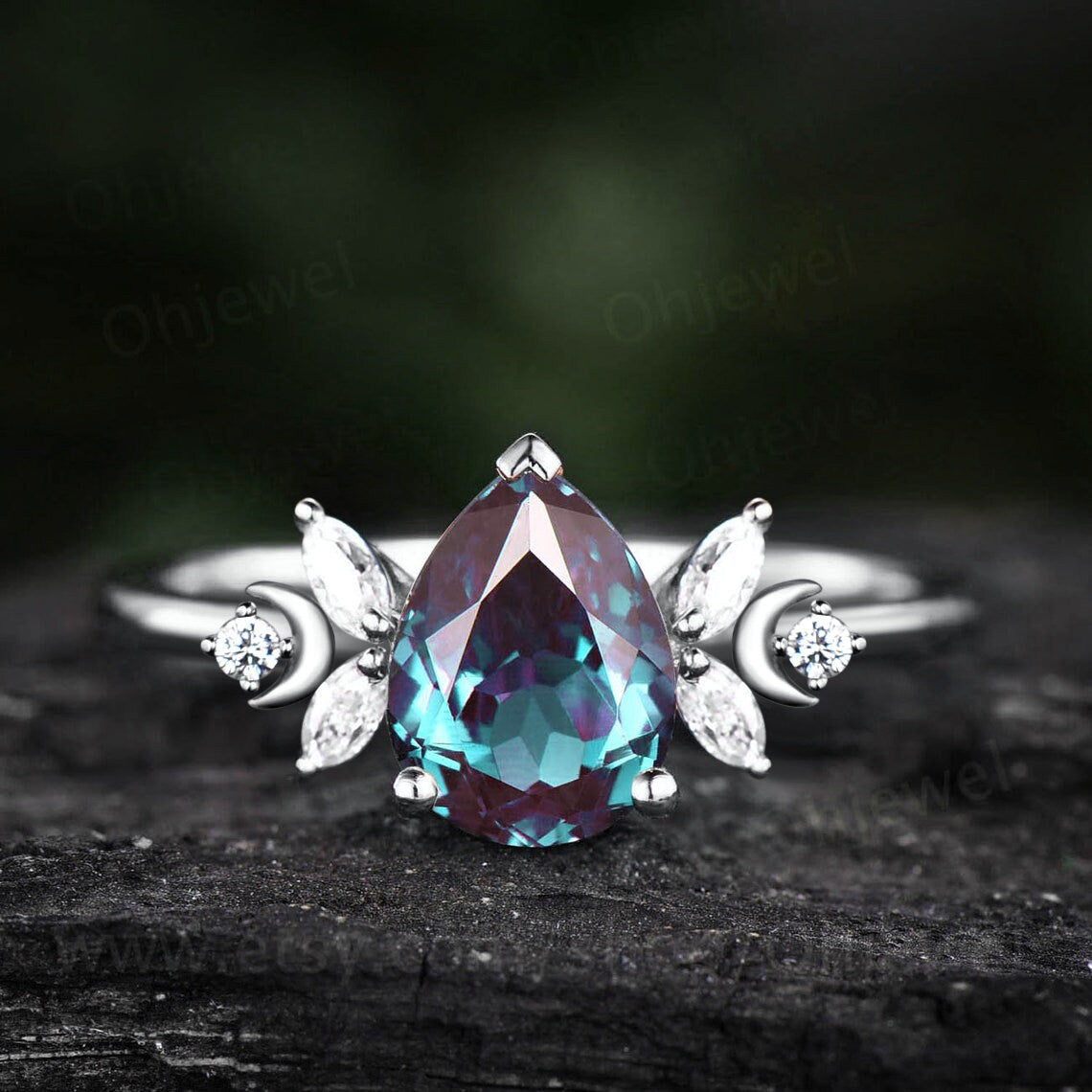 Unique pear shaped alexandrite engagement ring 14k yellow gold moon ring vintage art deco moonstone ring women moissnaite wedding ring gift