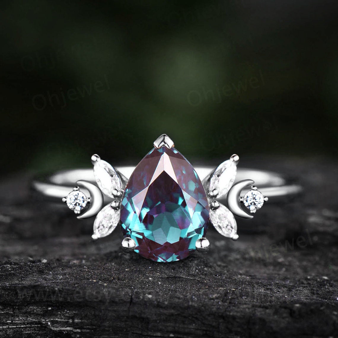 Unique pear shaped alexandrite engagement ring rose gold moon ring vintage art deco amethyst ring women moissnaite promise wedding ring gift