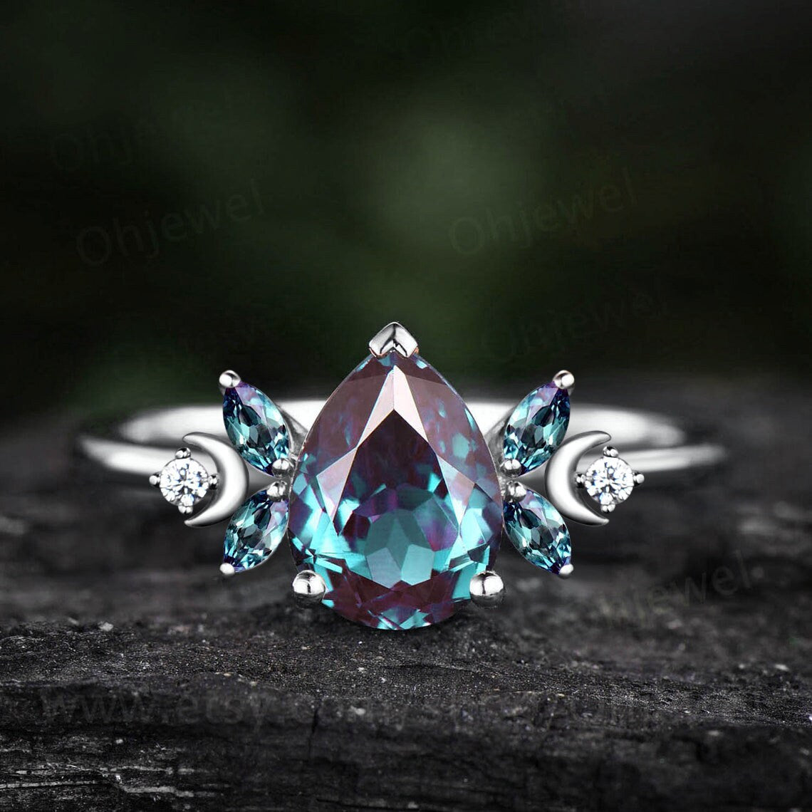 Unique pear shaped alexandrite engagement ring rose gold moon ring vintage art deco amethyst ring women moissnaite promise wedding ring gift