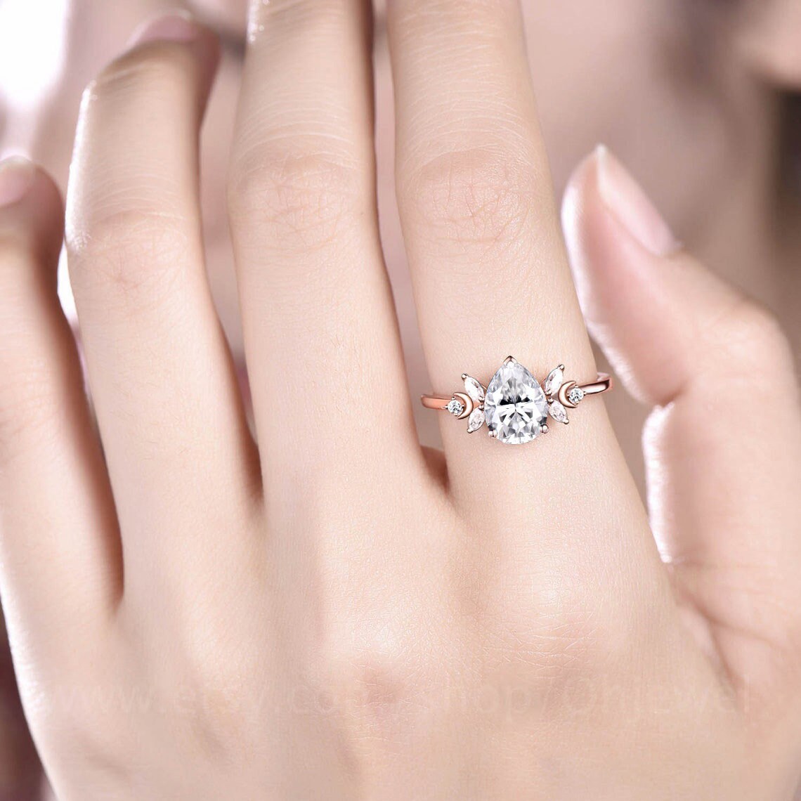 Pear shaped moissanite engagement ring art deco 14k rose gold ring women cluster diamond ring vintage moon ring unique promise ring for her