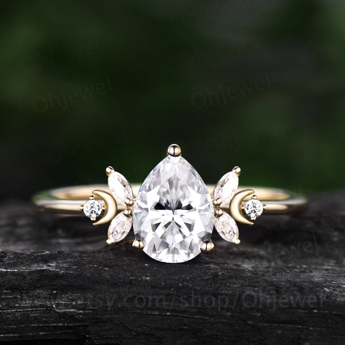 Pear shaped moissanite engagement ring art deco 14k rose gold ring women cluster diamond ring vintage moon ring unique promise ring for her