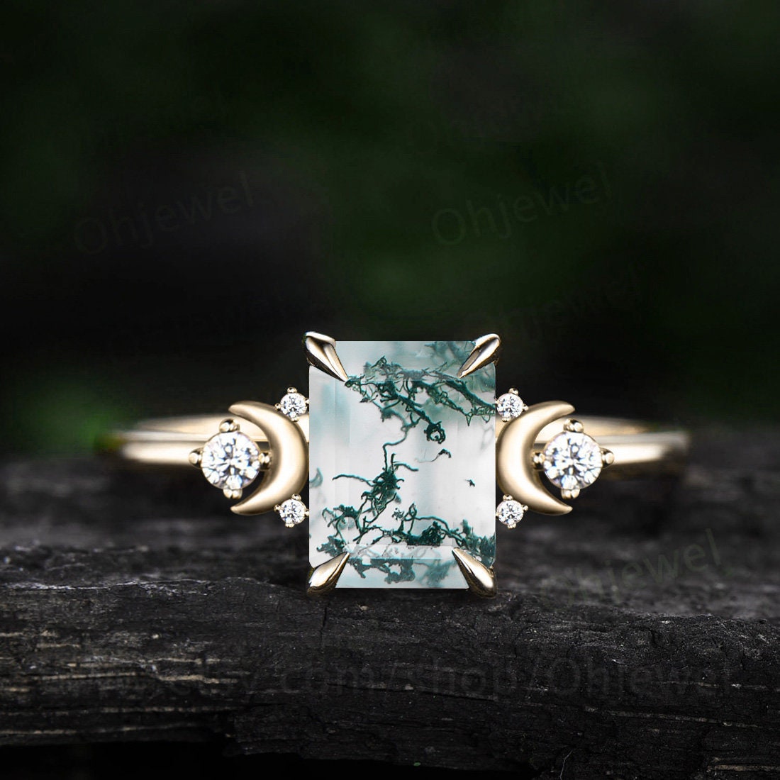 Vintage emerald cut green moss agate ring unique engagement ring rose gold moon ring dainty cluster alexandrite ring for women anniversary