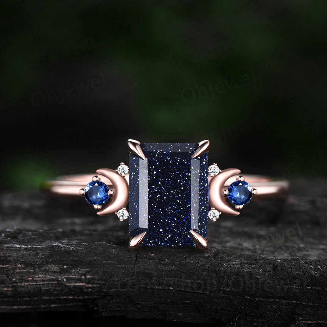 Vintage emerald cut blue sandstone ring unique engagement ring rose gold moon ring cluster sapphire ring dainty anniversary ring for women