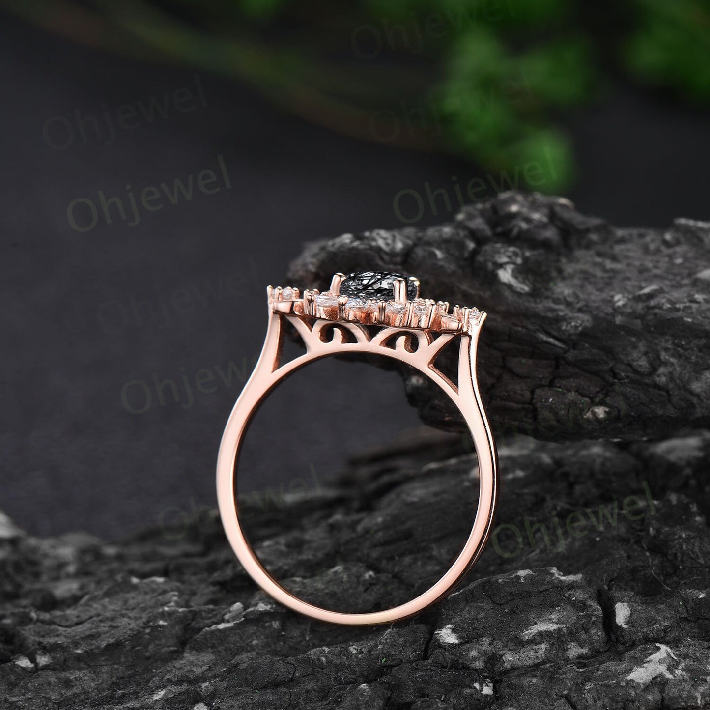 Dainty pear shaped black rutilated quartz ring unique engagement ring rose gold vintage style ring halo moissanite anniversary ring women