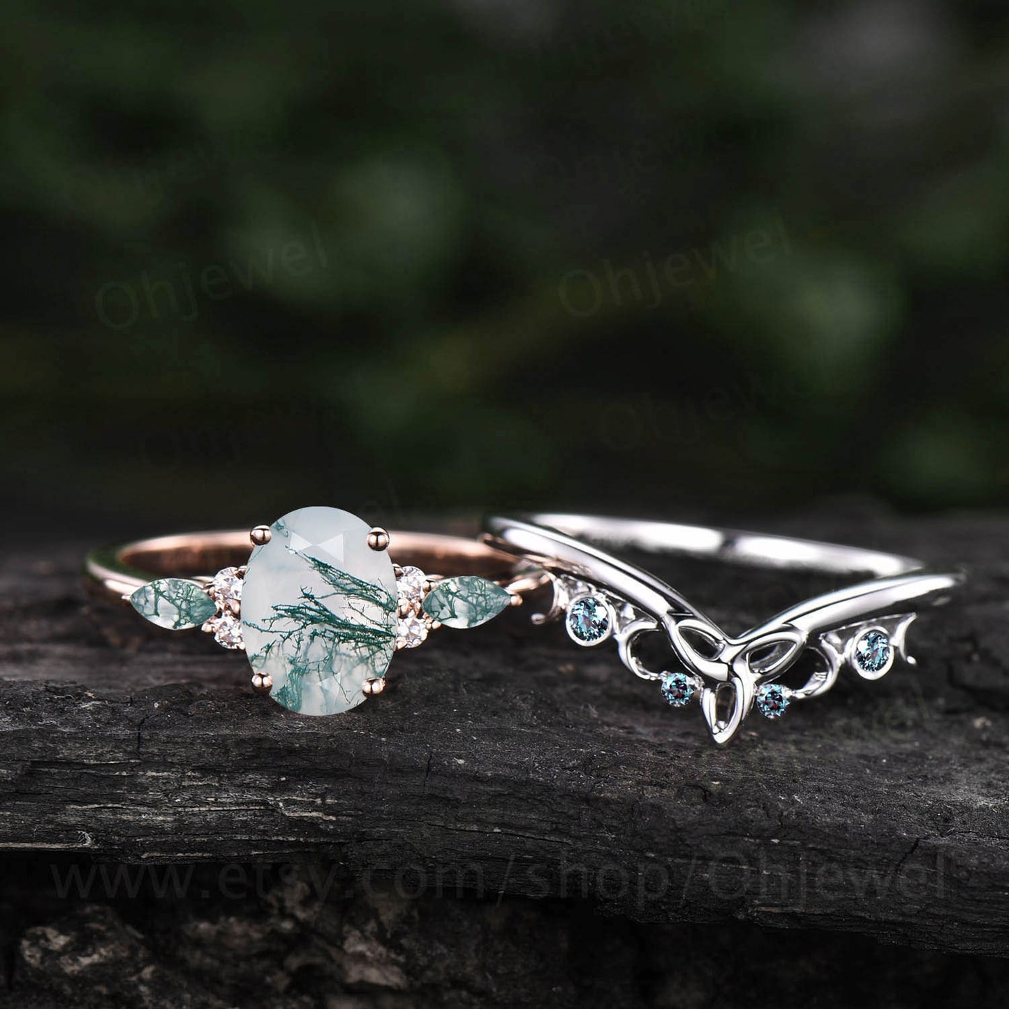 Oval cut green moss agate ring vintage moss agate engagement ring set rose gold marquise cut wedding ring cluster alexandrite ring for women