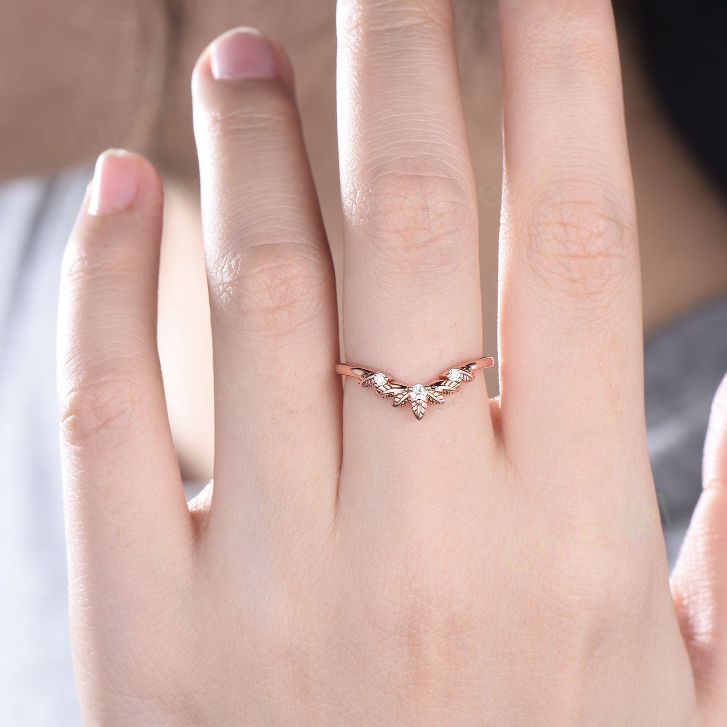 Leaf twig diamond wedding band three stone 14k rose gold ring stacking nature inspired  curved moissanite wedding ring band women gift
