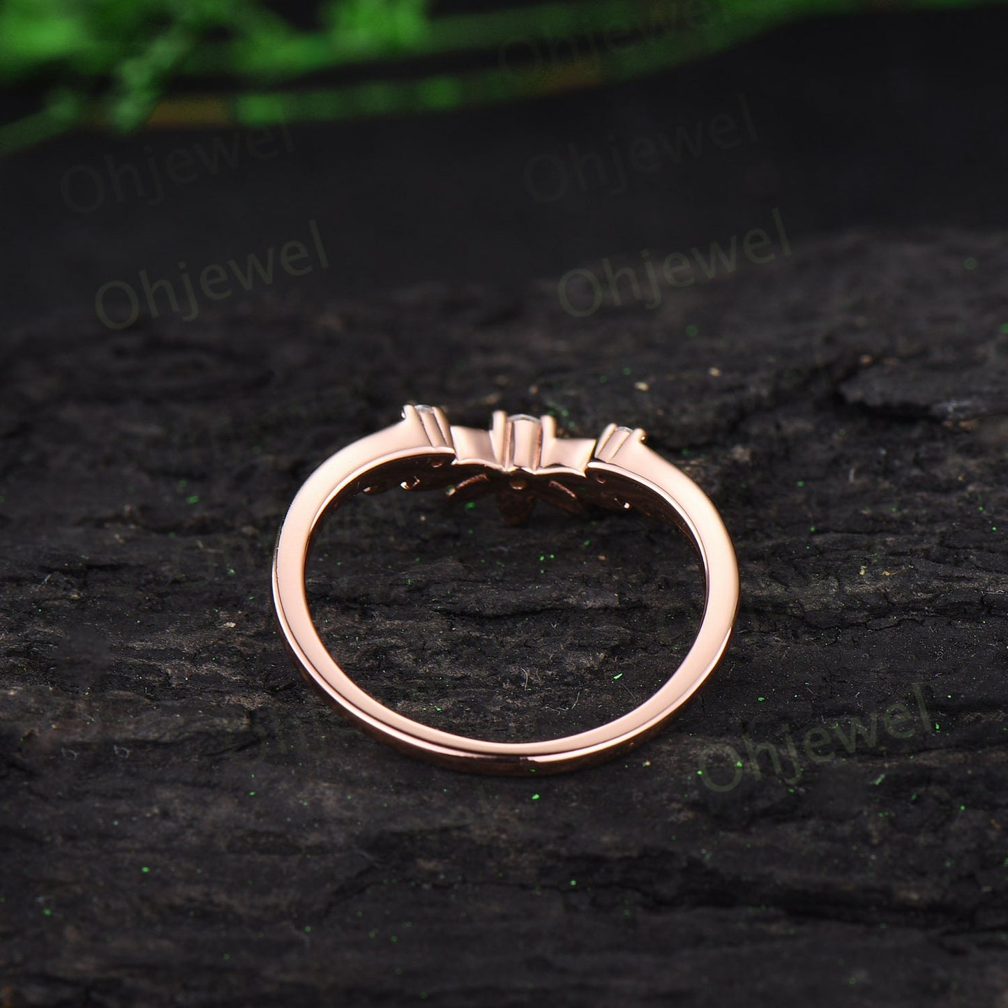 Leaf twig diamond wedding band three stone 14k rose gold ring stacking nature inspired  curved moissanite wedding ring band women gift