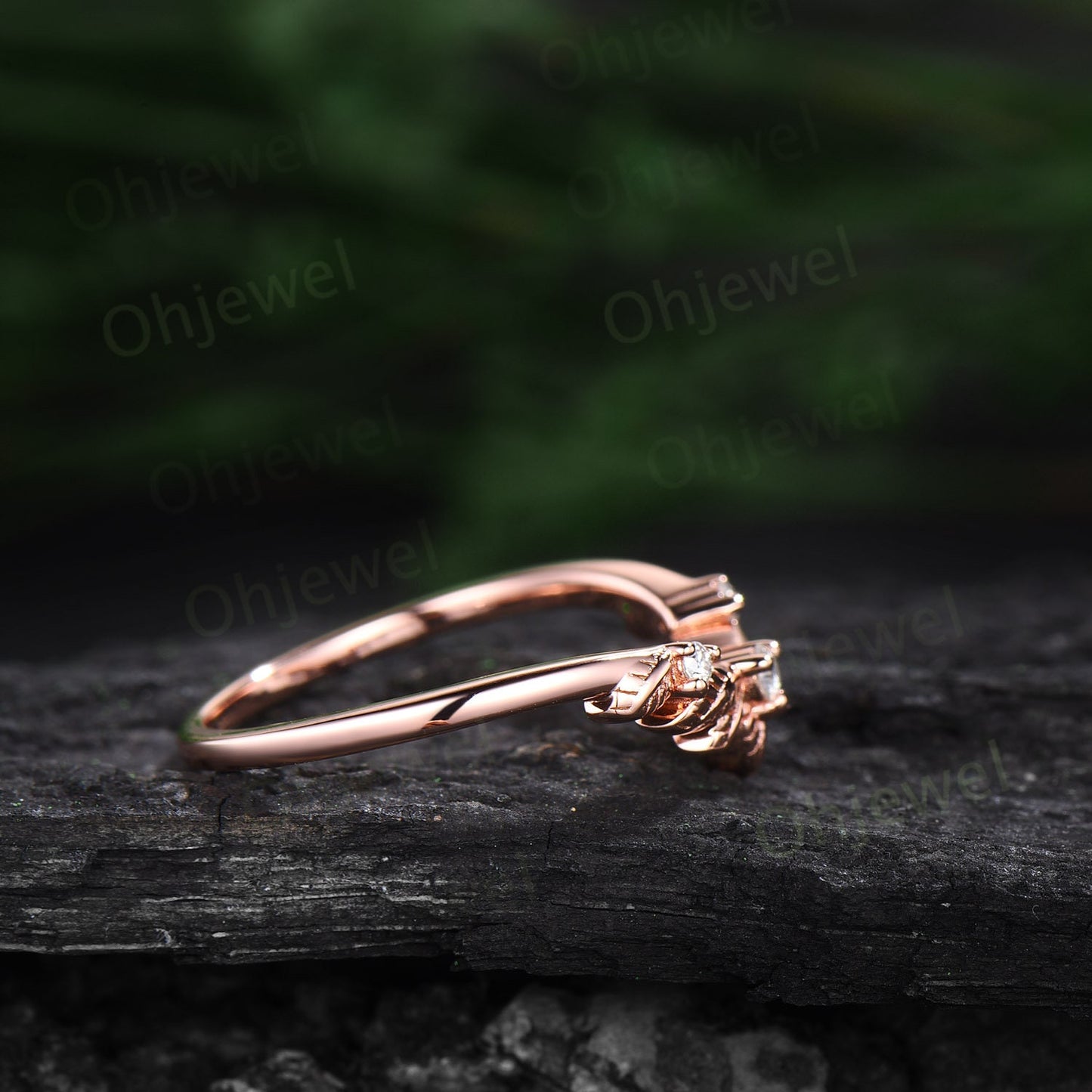 Leaf twig diamond wedding band three stone 14k rose gold ring stacking nature inspired  curved moissanite wedding ring band women gift