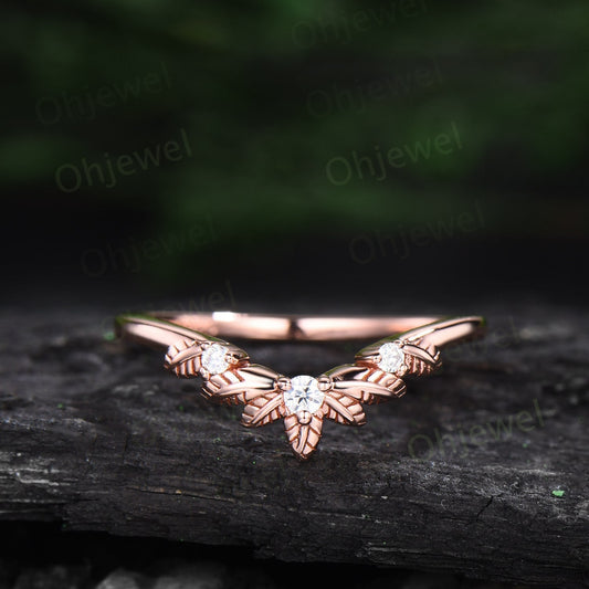 Leaf twig diamond wedding band three stone 14k rose gold ring stacking nature inspired  curved moissanite wedding ring band women gift