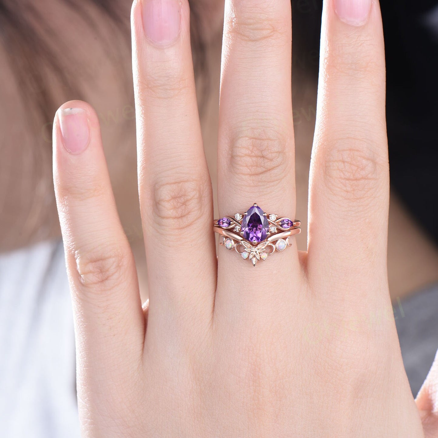 Pear shaped Amethyst ring vintage unique Amethyst engagement ring set cluster rose gold opal ring leaf Celtic knot wedding ring set women