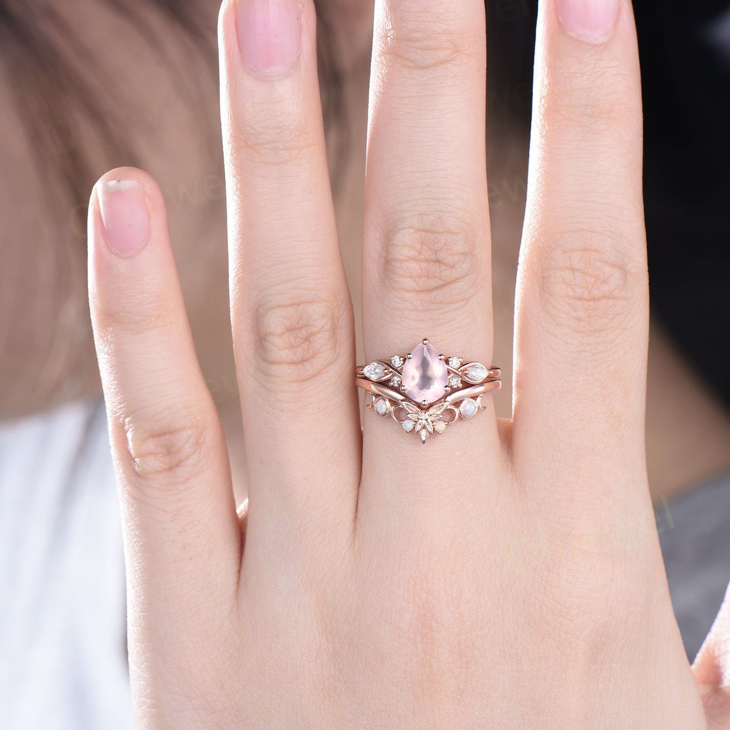 Pear shaped Rose quartz ring vintage unique Rose quartz engagement ring cluster rose gold opal ring leaf Celtic knot wedding ring set women