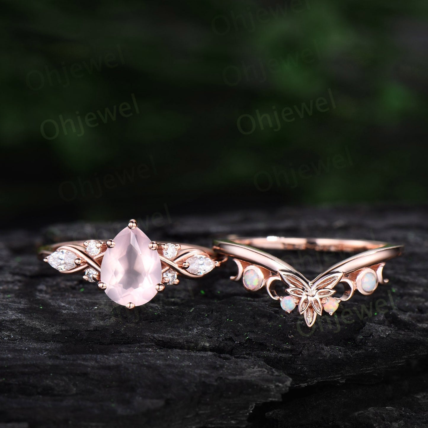 Pear shaped Rose quartz ring vintage unique Rose quartz engagement ring cluster rose gold opal ring leaf Celtic knot wedding ring set women