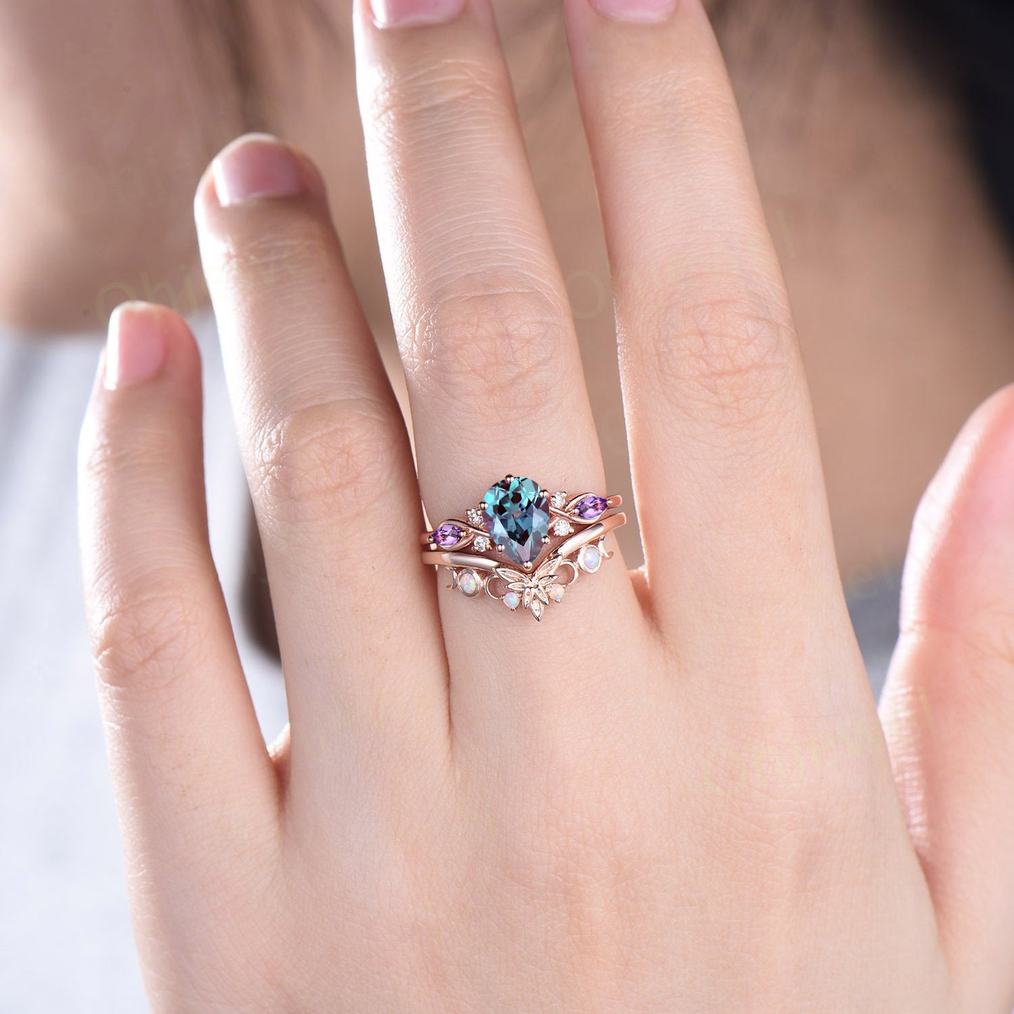 Pear shaped Alexandrite ring vintage unique Alexandrite engagement ring cluster rose gold opal ring leaf Celtic knot wedding ring set women