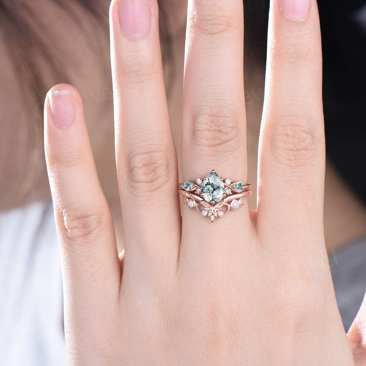 Pear shaped green moss agate ring vintage unique engagement ring art deco rose gold leaf moon opal ring women twisted promise ring set gift