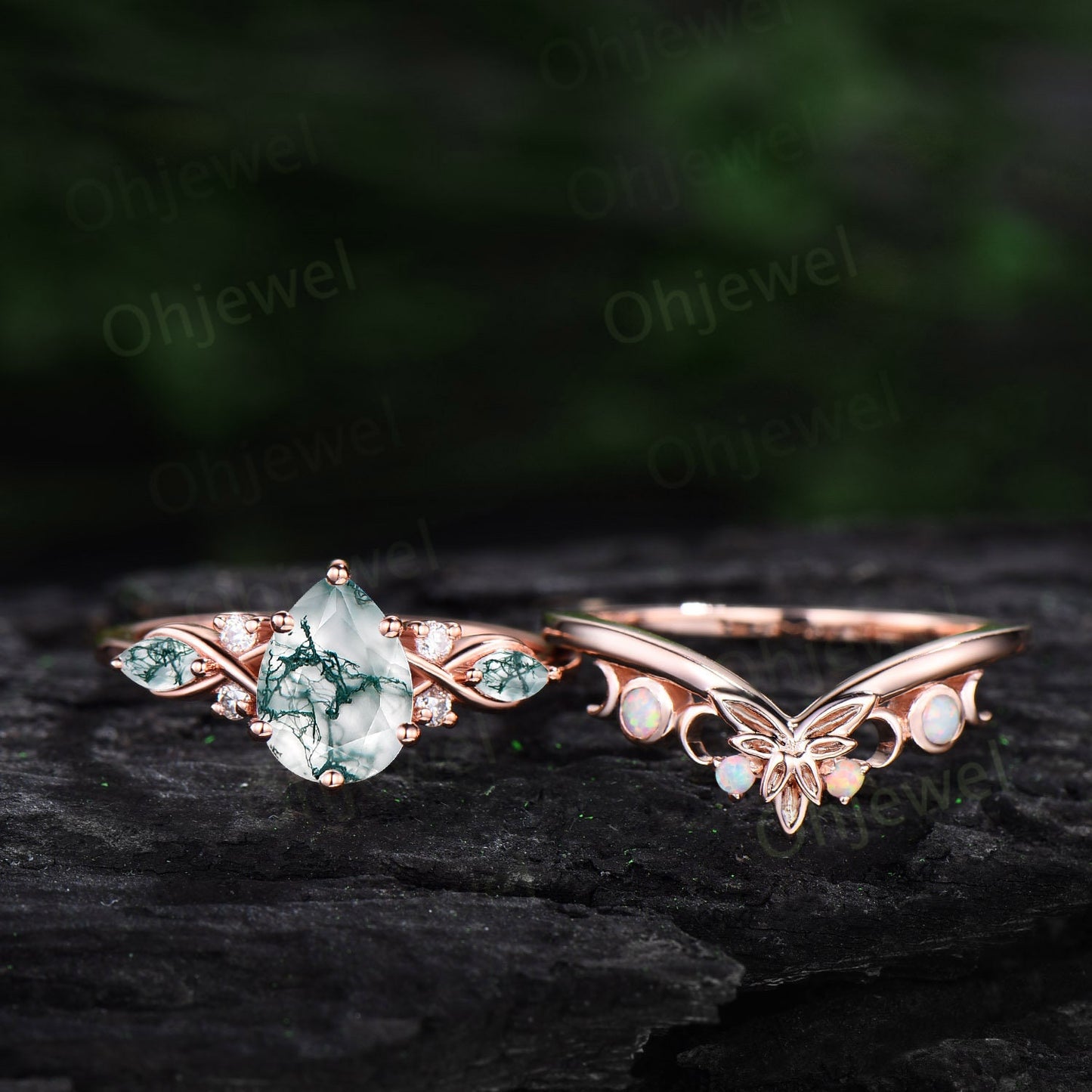 Pear shaped green moss agate ring vintage unique engagement ring art deco rose gold leaf moon opal ring women twisted promise ring set gift