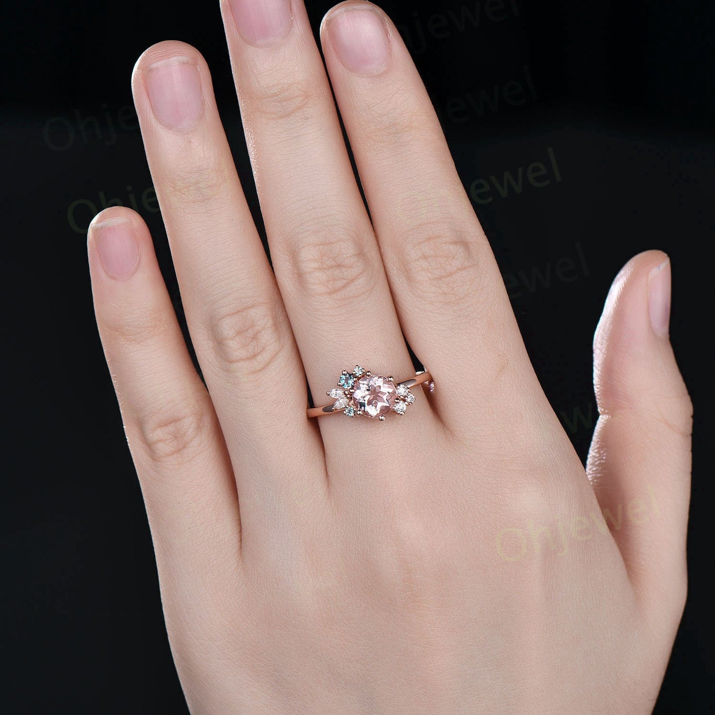 Round cut pink morganite ring vintage engagement ring set rose gold cluster marquise diamond ring set alexandrite ring women jewelry