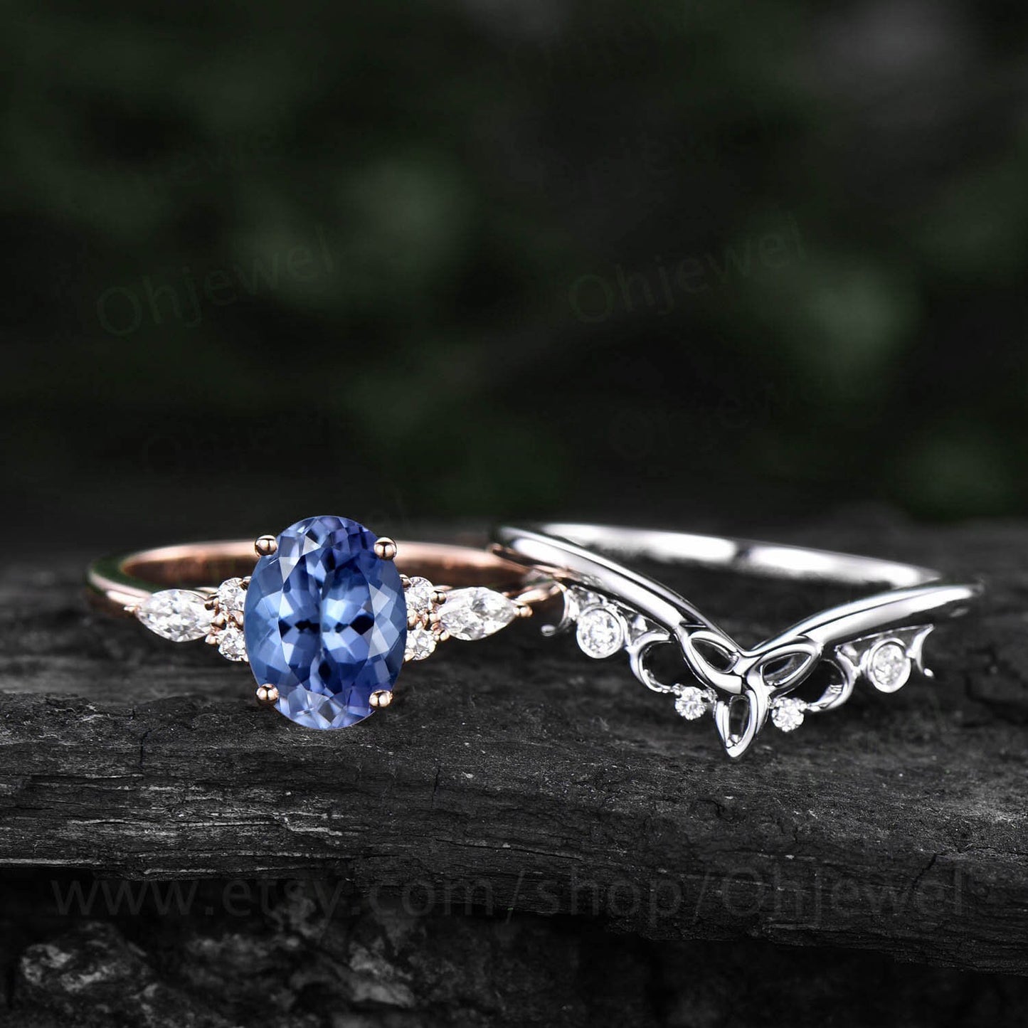 Oval cut Tanzanite ring vintage Tanzanite engagement ring set solid 14k rose gold art deco diamond ring for women unique promise ring set