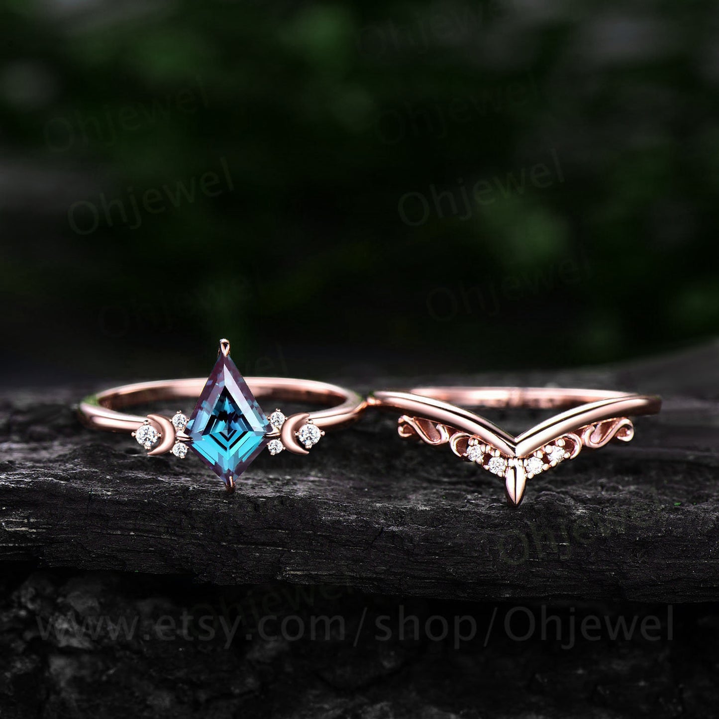Vintage kite cut Alexandrite engagement ring set 14k rose gold moon ring set cluster moissanite ring women antique rings unique bridal set