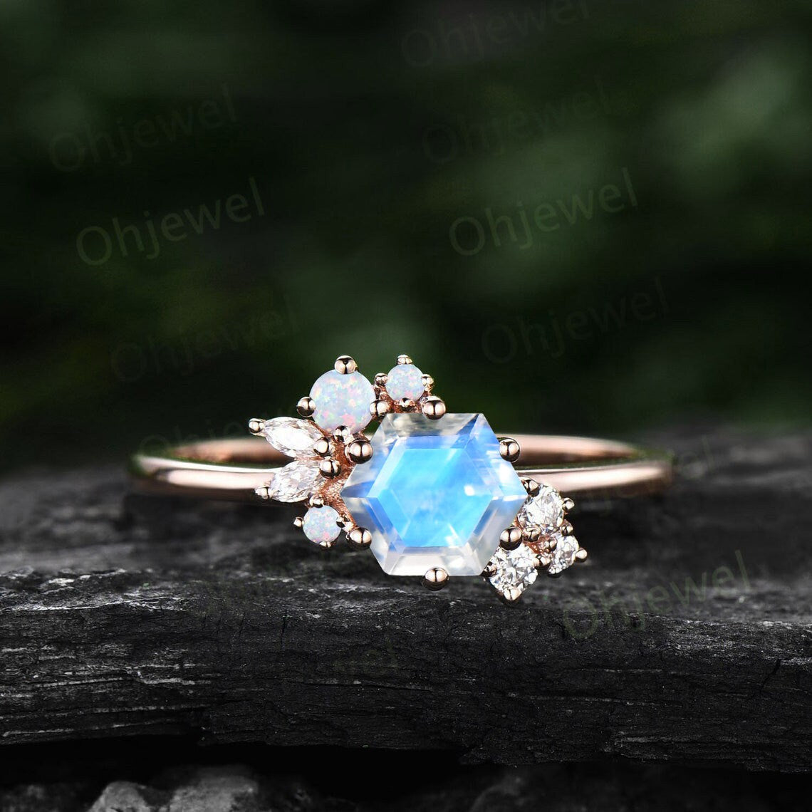 Hexagon cut Moonstone ring vintage unique Moonstone engagement ring rose gold dainty cluster art deco alexandrite wedding ring women gift