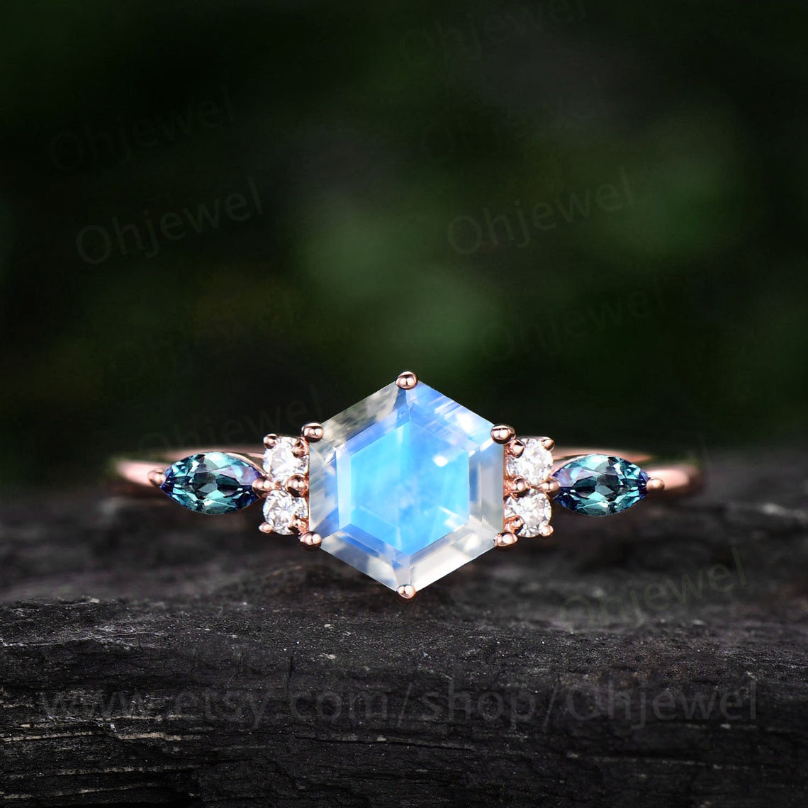 Vintage hexagon cut moonstone engagement ring 14k rose gold 6 prong marquise cut ring dainty moissanite ring women anniversary ring gift
