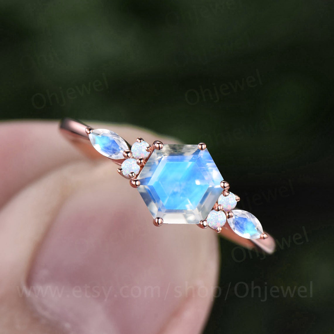 Vintage hexagon cut moonstone engagement ring 14k rose gold 6 prong marquise cut ring dainty moissanite ring women anniversary ring gift