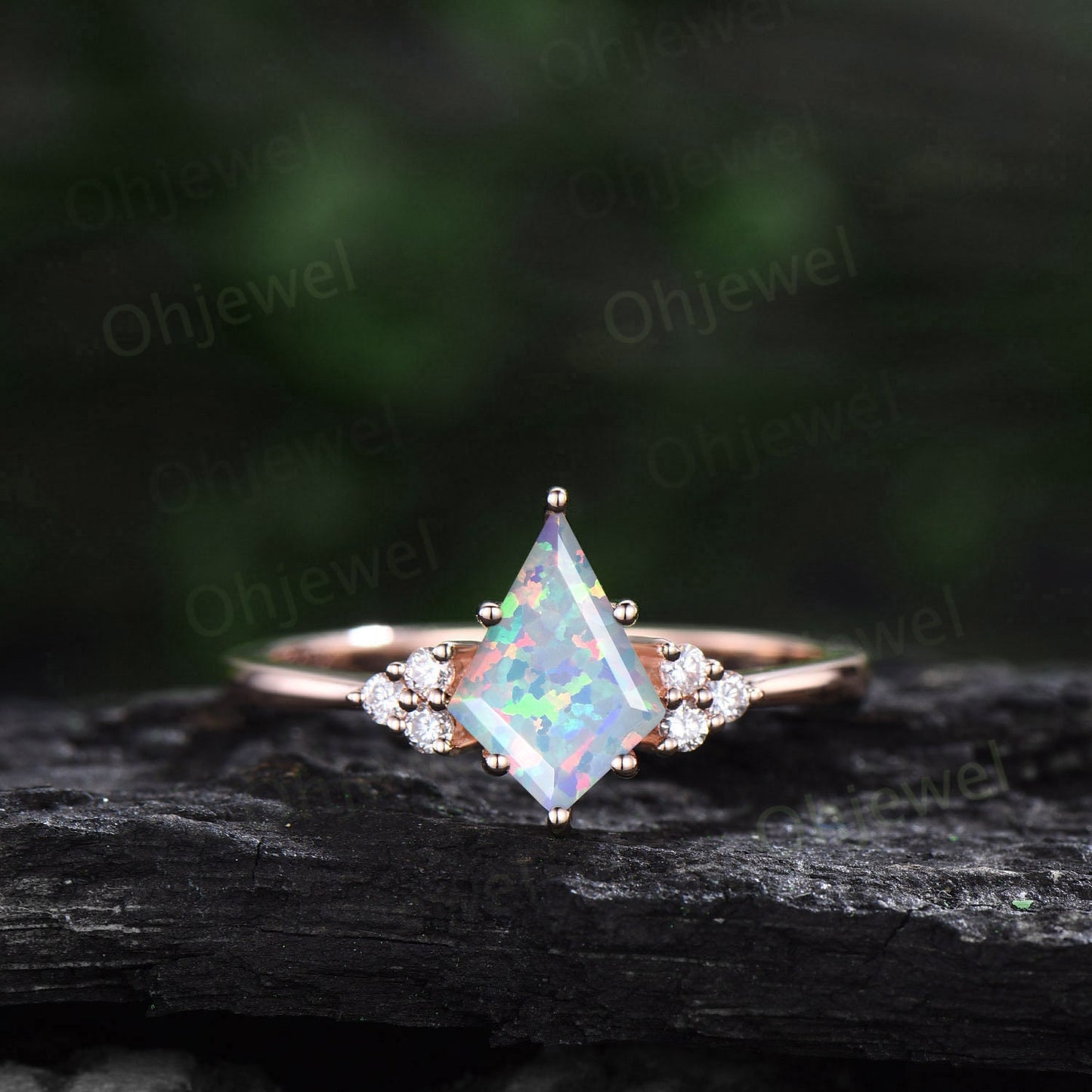 White opal ring dainty kite cut opal engagement ring set solid 14k rose gold 6 prong diamond ring Minimalist unique anniversary ring women