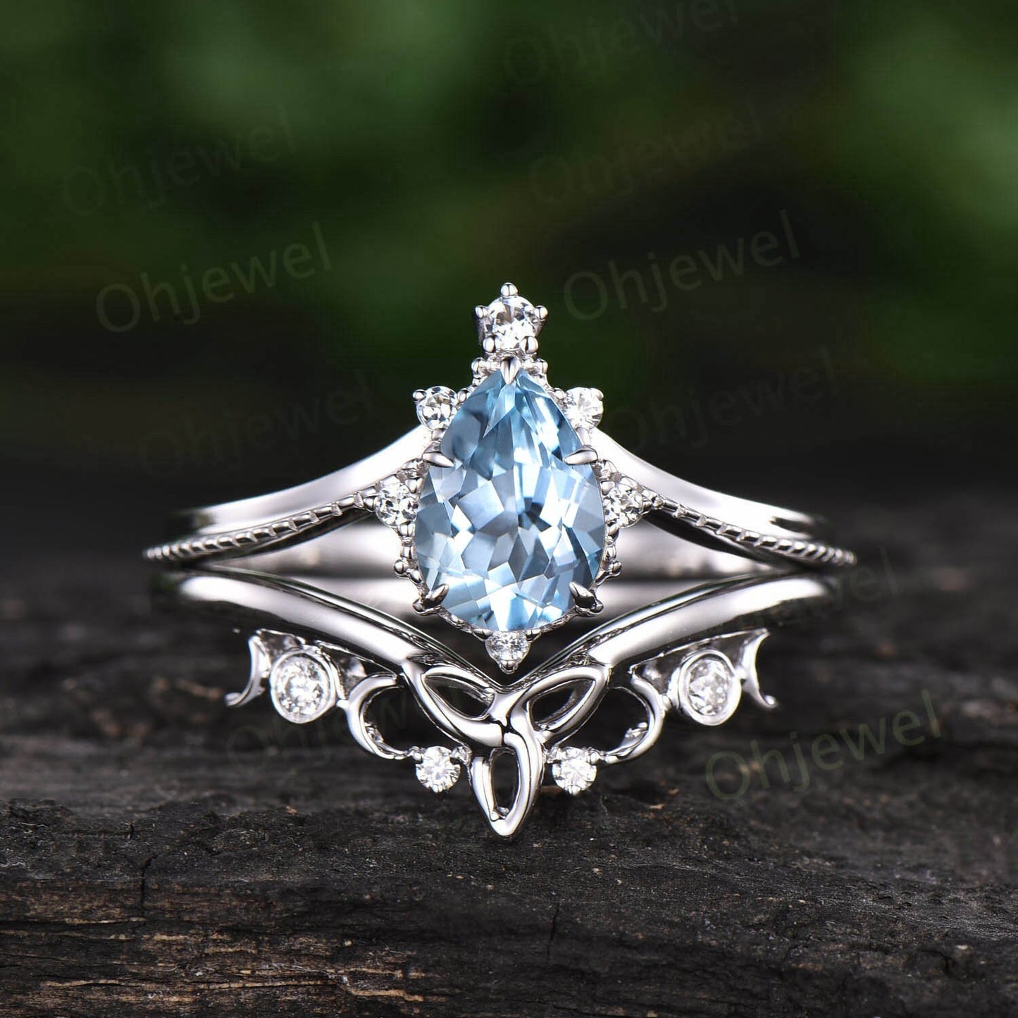 Pear shaped aquamarine engagement ring set 14k rose gold milgrain moissanite ring for women march birthstone norse viking ring Jewelry