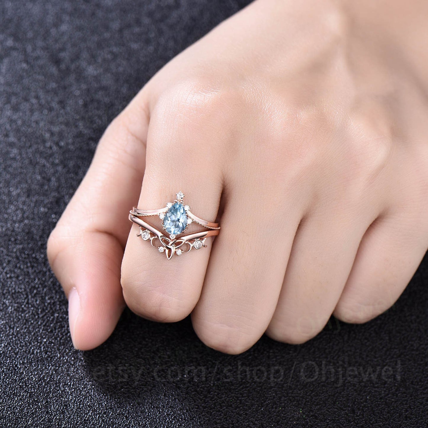 Pear shaped aquamarine engagement ring set 14k rose gold milgrain moissanite ring for women march birthstone norse viking ring Jewelry