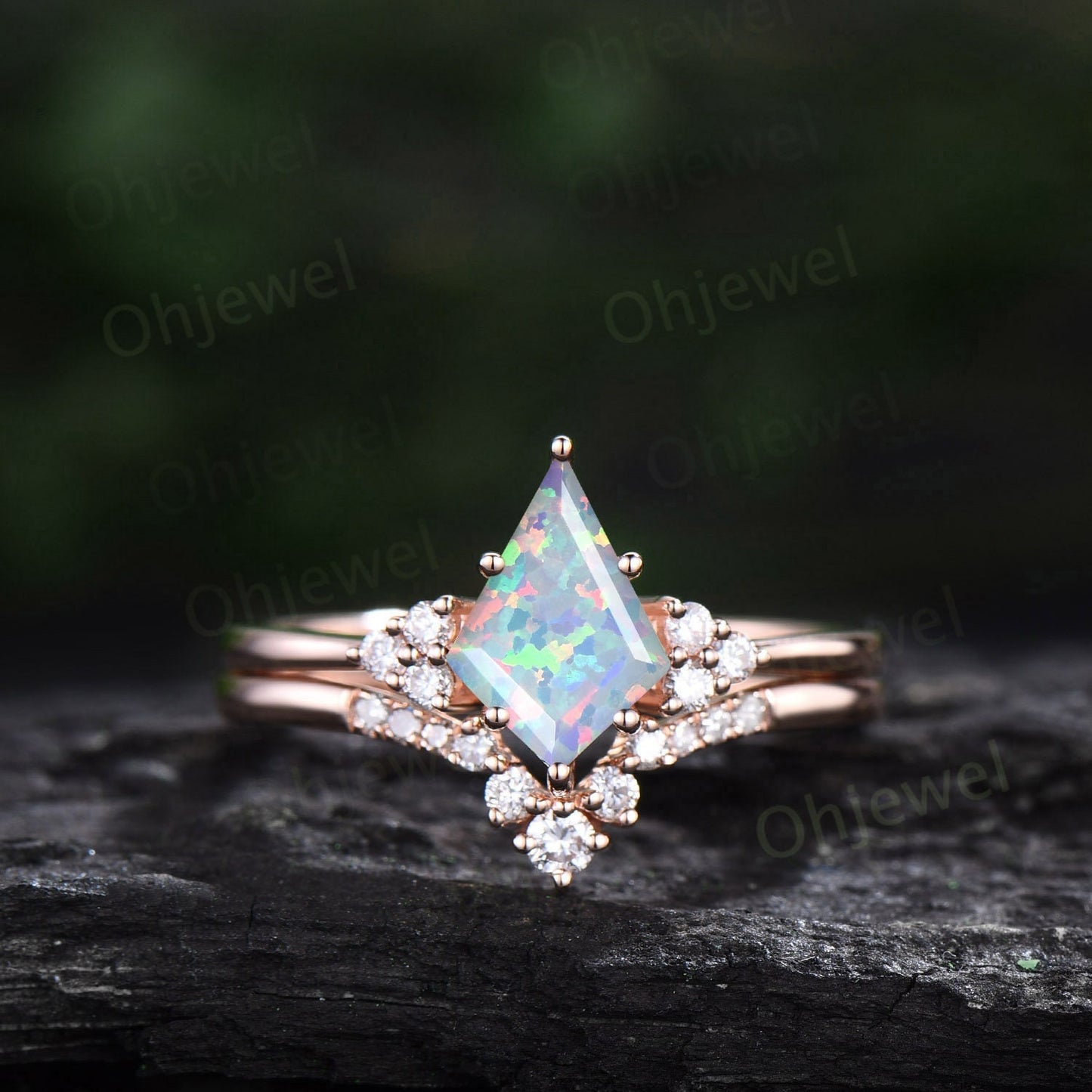 White opal ring dainty kite cut opal engagement ring set solid 14k rose gold 6 prong diamond ring Minimalist unique anniversary ring women