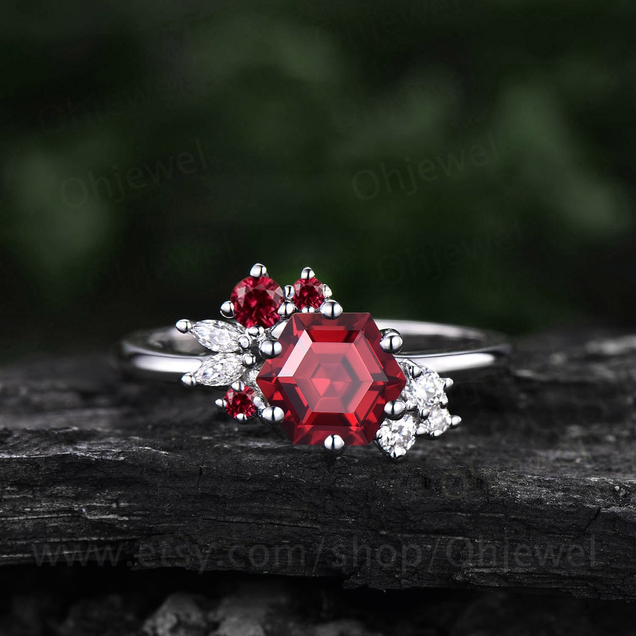 Hexagon cut red ruby ring gold silver for women vintage unique ruby engagement ring cluster art deco diamond bridal wedding ring women gift