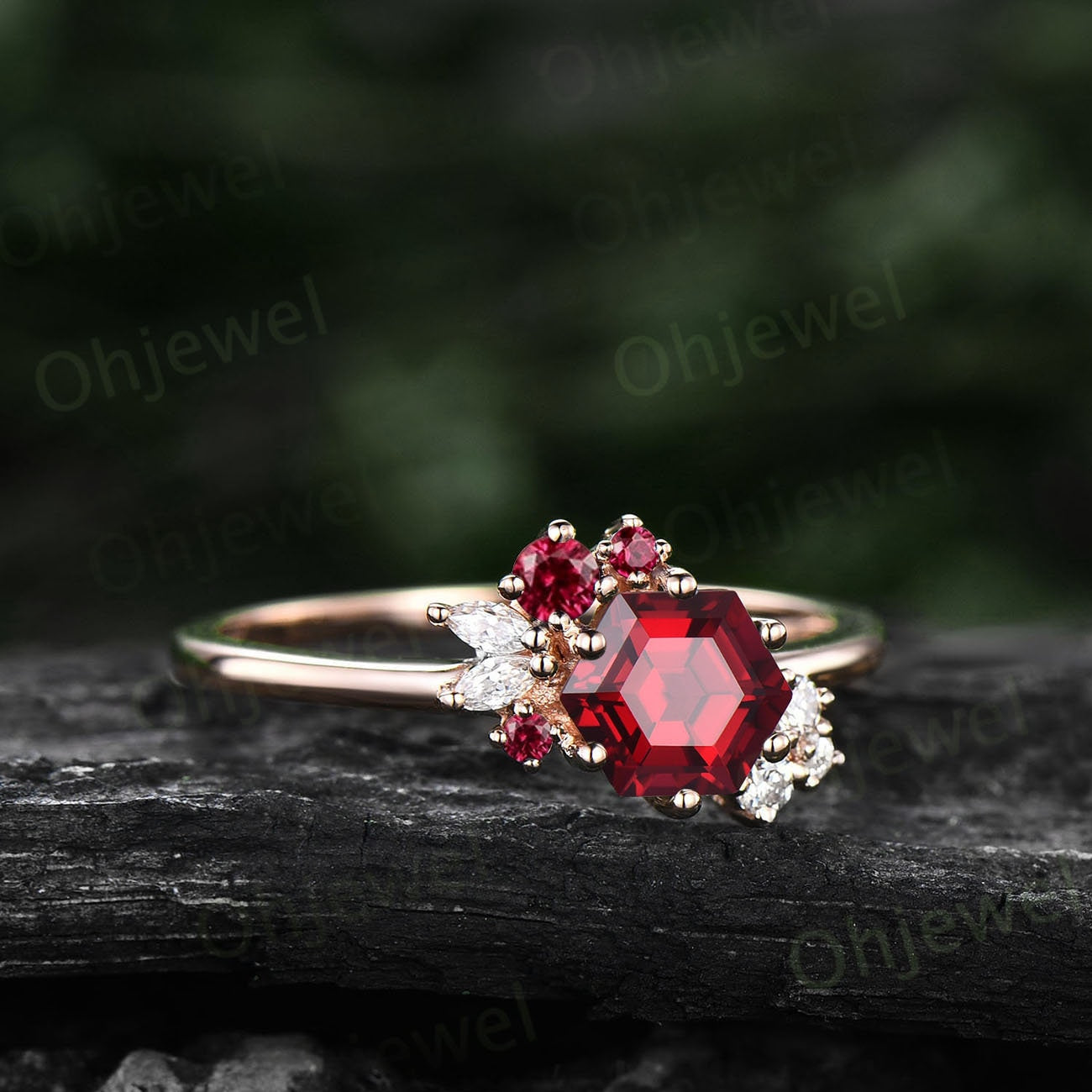 Hexagon cut red ruby ring gold silver for women vintage unique ruby engagement ring cluster art deco diamond bridal wedding ring women gift