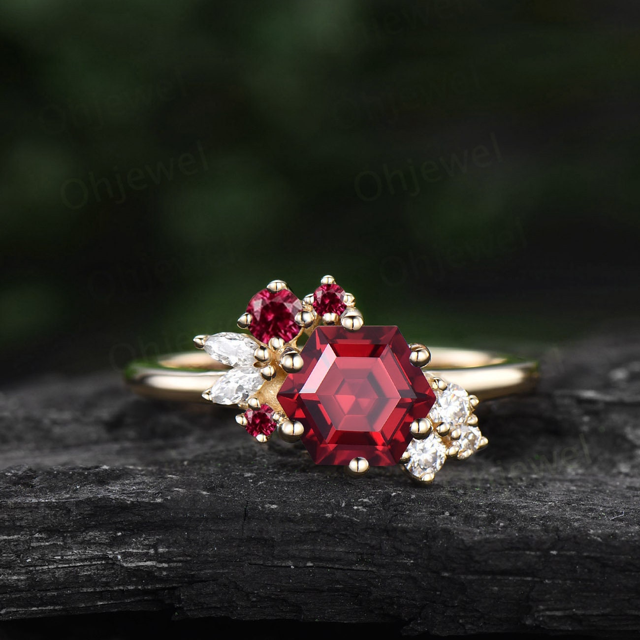 Hexagon cut red ruby ring gold silver for women vintage unique ruby engagement ring cluster art deco diamond bridal wedding ring women gift
