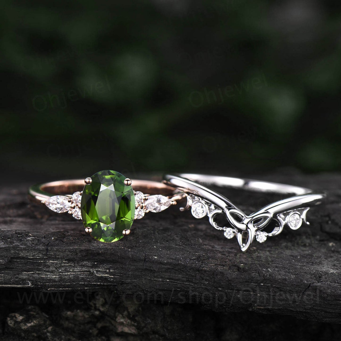 Vintage Oval cut green tourmaline ring unique engagement ring set 14k rose gold diamond ring women Celtic knot Norse Viking ring Jewelry