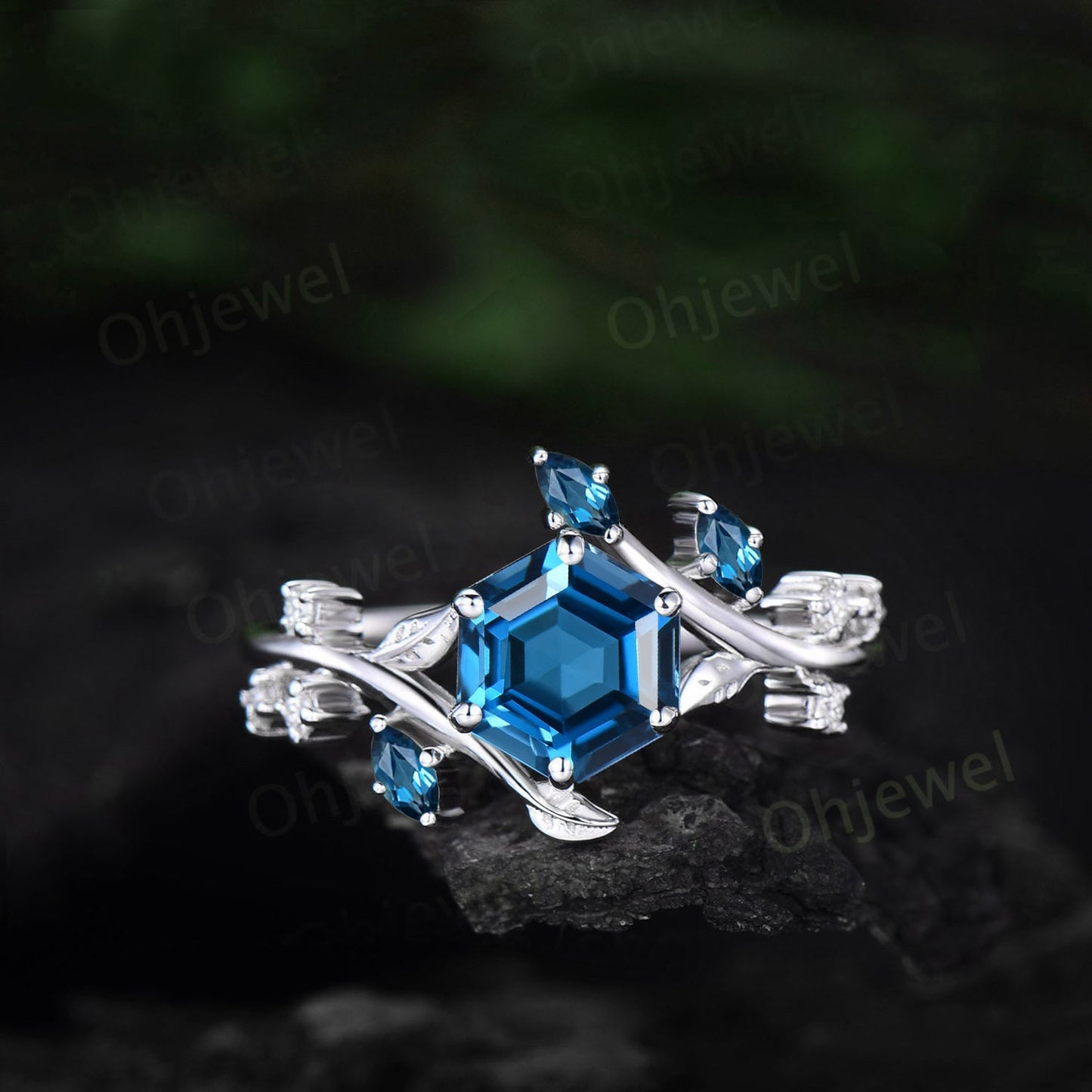 Hexagon cut London blue topaz engagement ring rose gold Nature inspired leaf twig diamond ring women cluster alexandrite ring silver gift